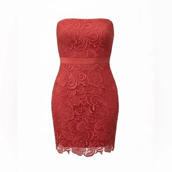 CACHE Coral Pink Floral Lace Peplum Strapless Dress EUC Size 8 - Picture 3 of 11